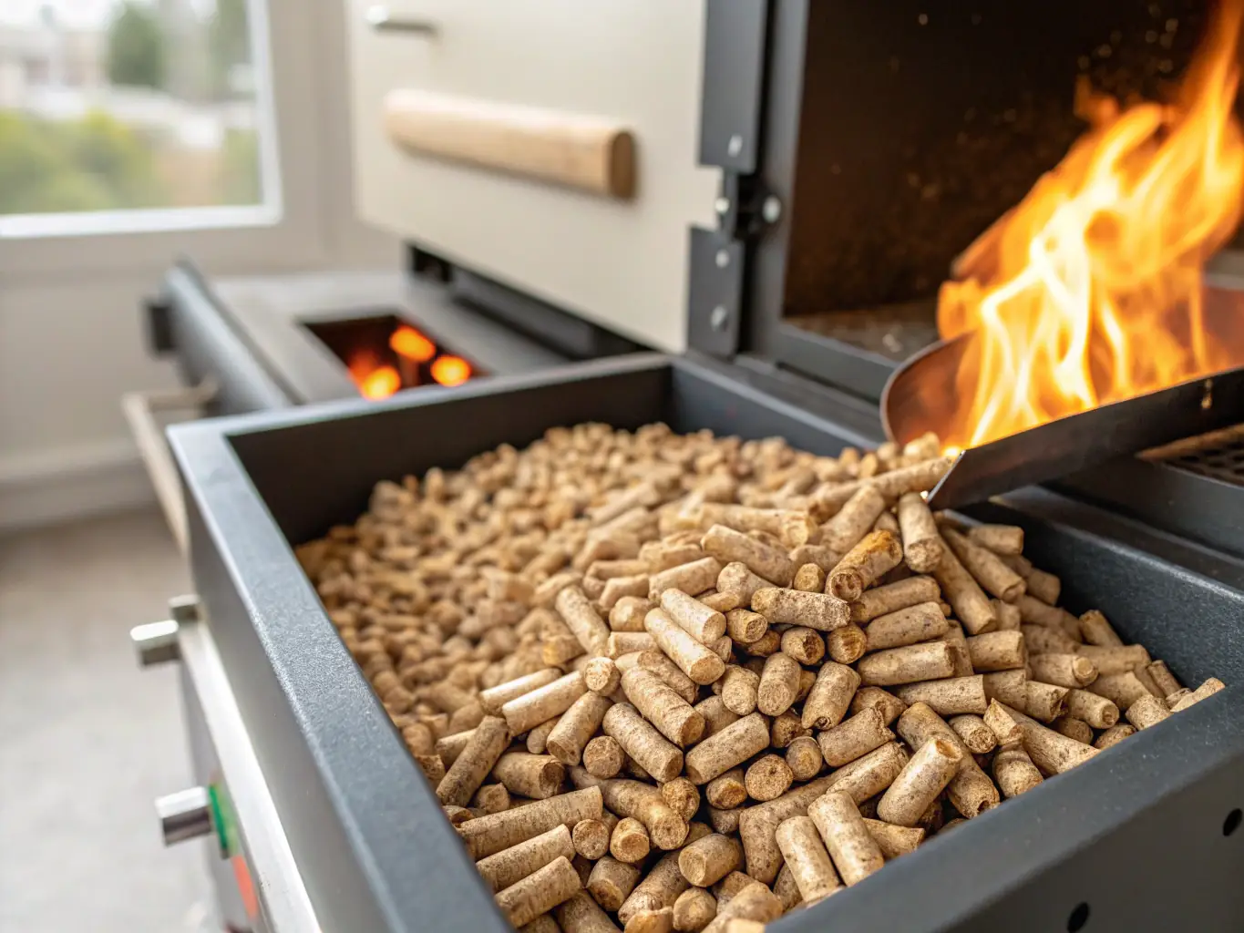 A biomass boiler installed in a utility room, showing its compact size and connection to a wood pellet storage system.